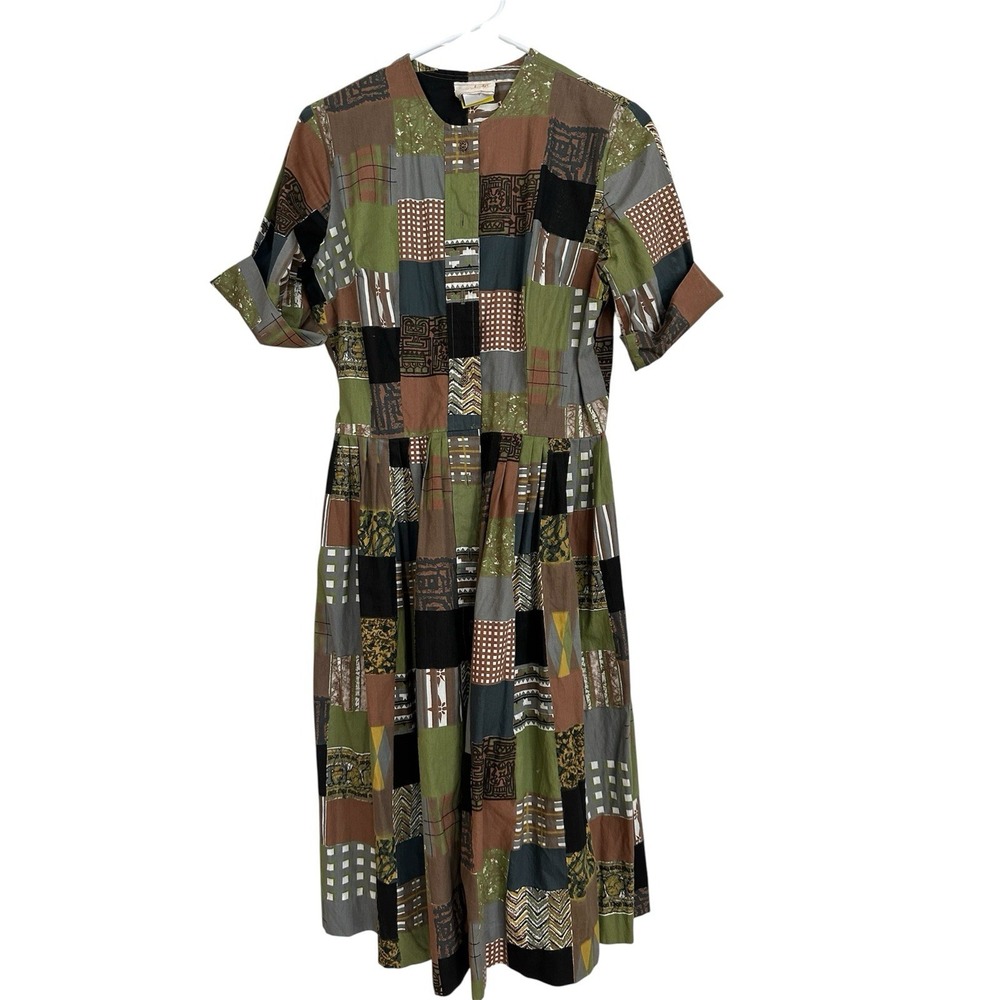VTG Michele of Miami Patchwork Print Midi dress Artsy Boho Earthy (see measures)